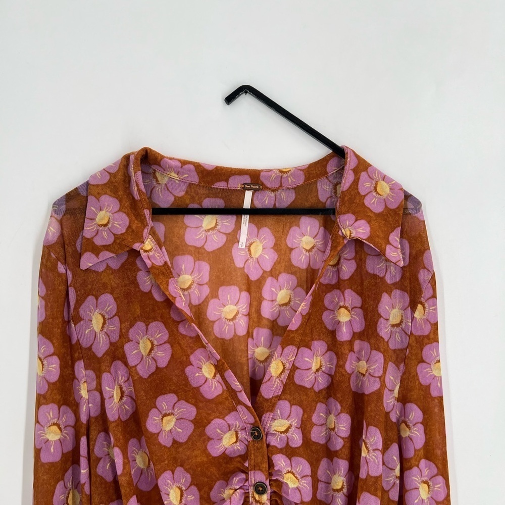 Free People Floral Sheer Vintage Inspired Lucky Button Down Shirt Blouse